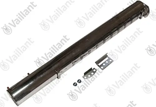 Vaillant Brennerstab aus Edelstahl mit Montagezubehör, bestehend aus einer langen, zylindrischen Form und mehreren Anschluss- und Montageschrauben.